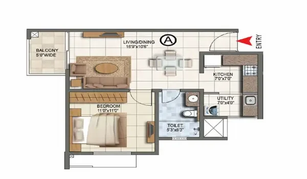 Featured Image of Prestige Battersea 1 BHK Apartment Floor Plan